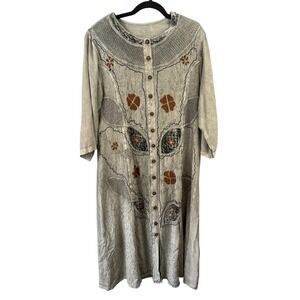 Bohemian Heavily Embroidered Button Front Maxi Shift Dress 3/4 Sleeves Festival